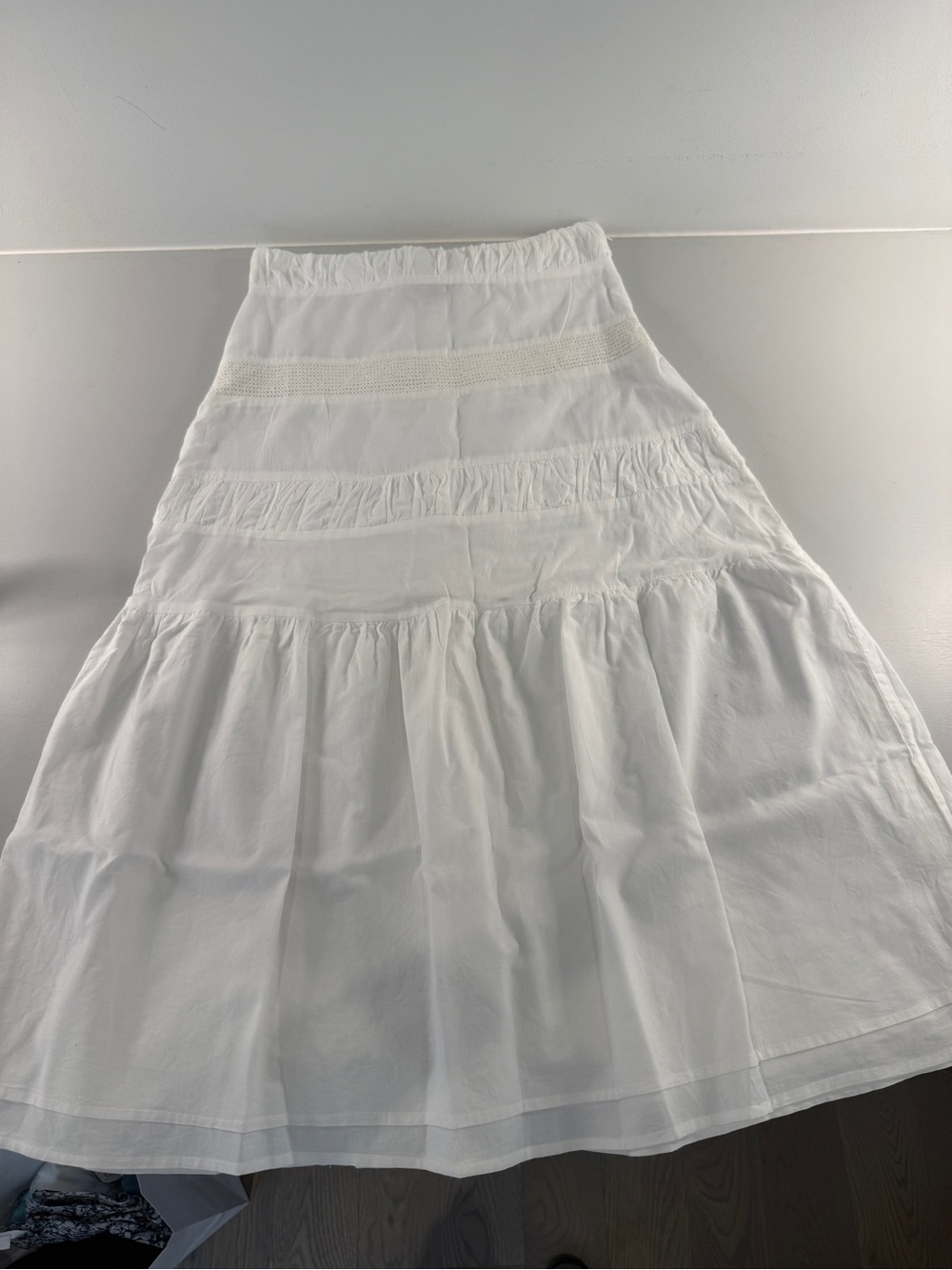 Women’s White Tiered Maxi Skirt with Crochet Accent